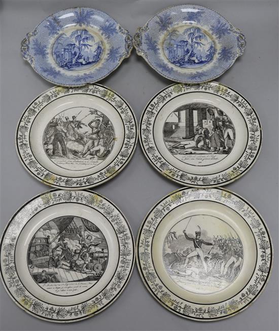 Four Choissy Napoleon Campaigns creamware plates and two blue and white Washingtons Tomb tureen stands